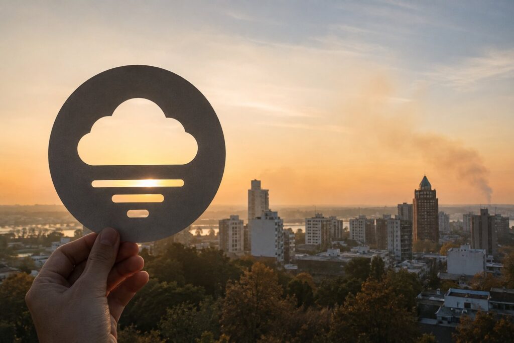 Ilustración de una mano que sostiene el isotipo de Clean Air Data frente a una ciudad al atardecer