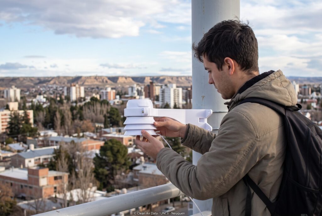 Ilustración de un sensor de calidad del aire instalado en una terraza, con la ciudad de Neuquén y las bardas de fondo